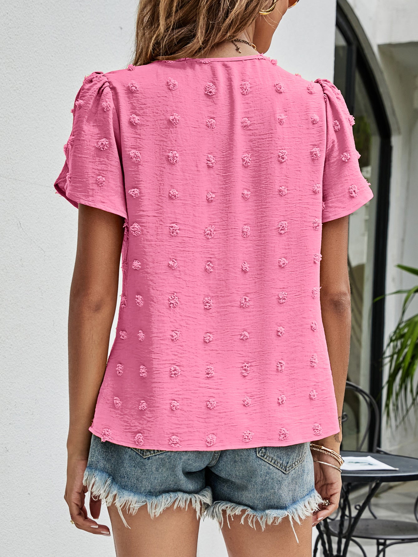 Swiss Dot Round Neck Petal Sleeve Top – Trendsi | ClozArt
