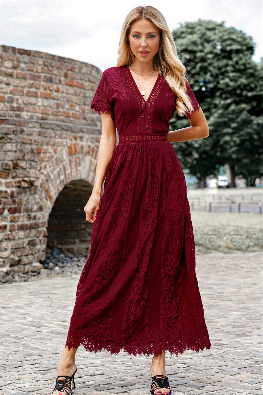 Scalloped Trim Lace Plunge Dress – Trendsi | ClozArt