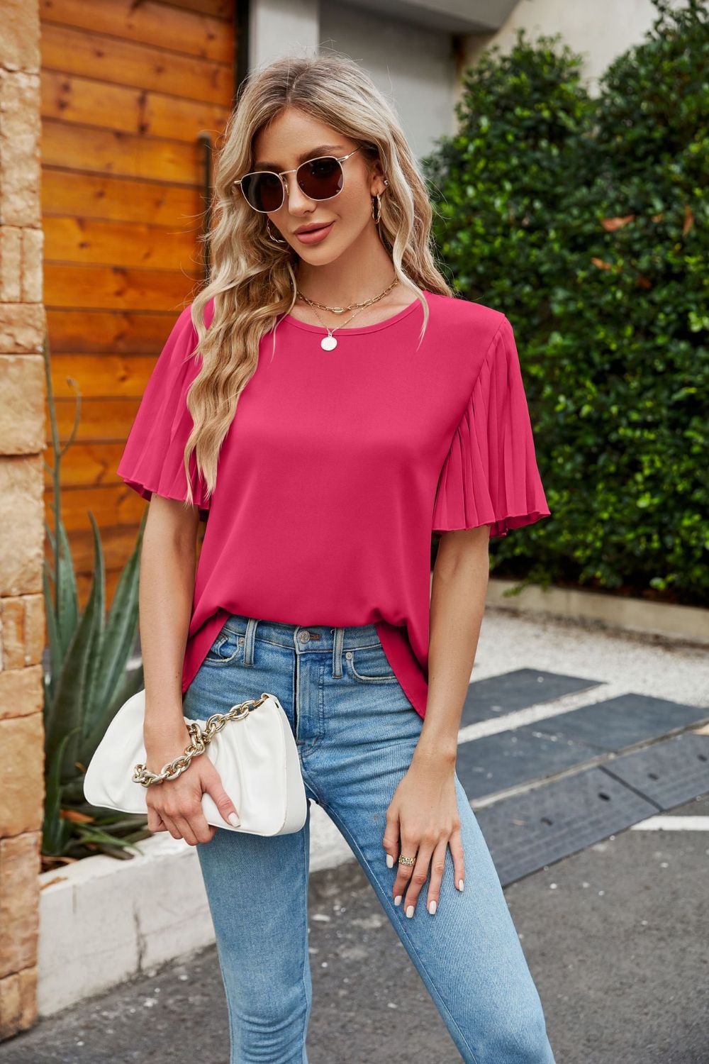 Pleated Flutter Sleeve Round Neck Blouse – Trendsi | ClozArt
