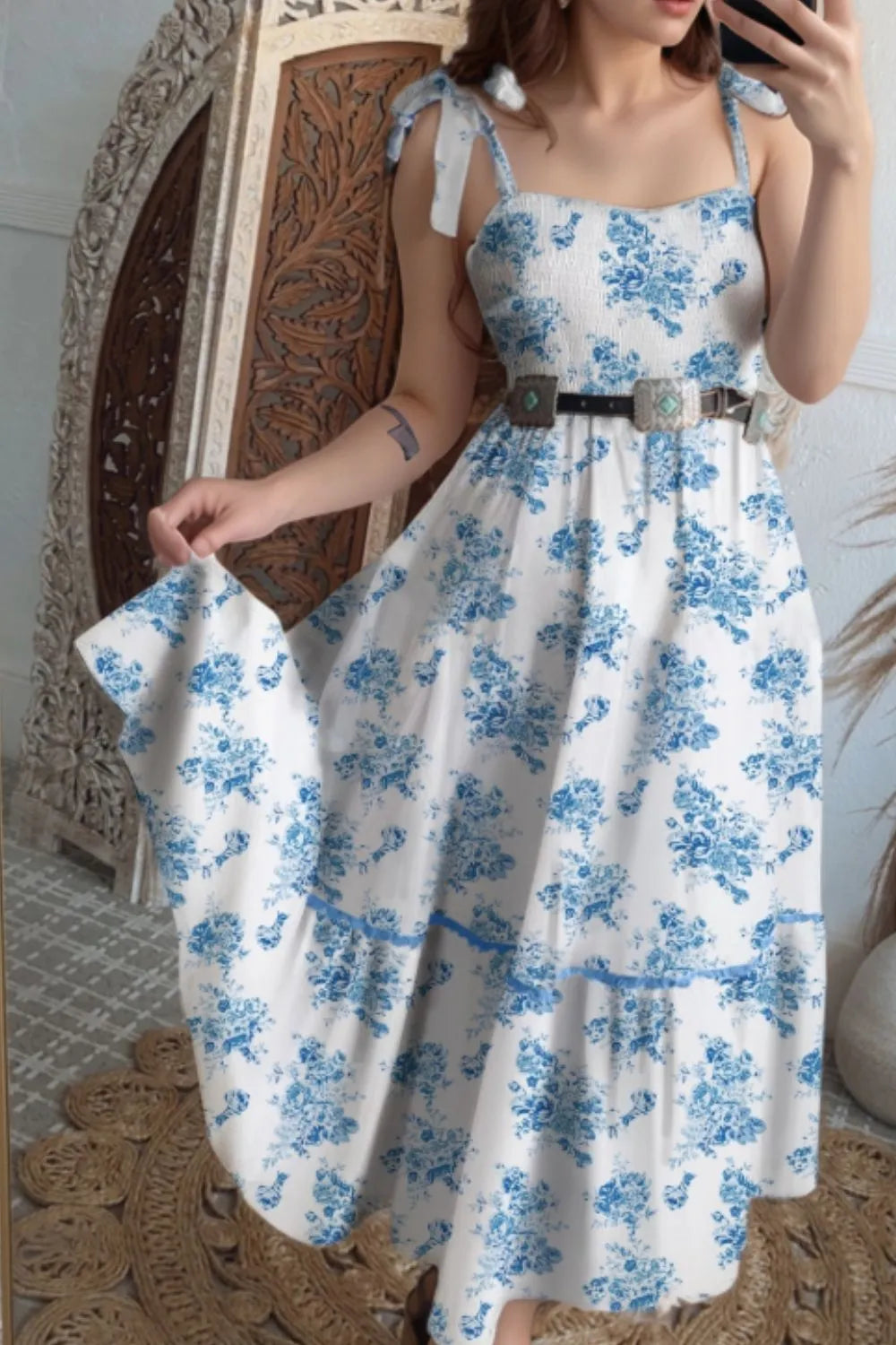 Printed Tie Shoulder Dress – Trendsi | ClozArt