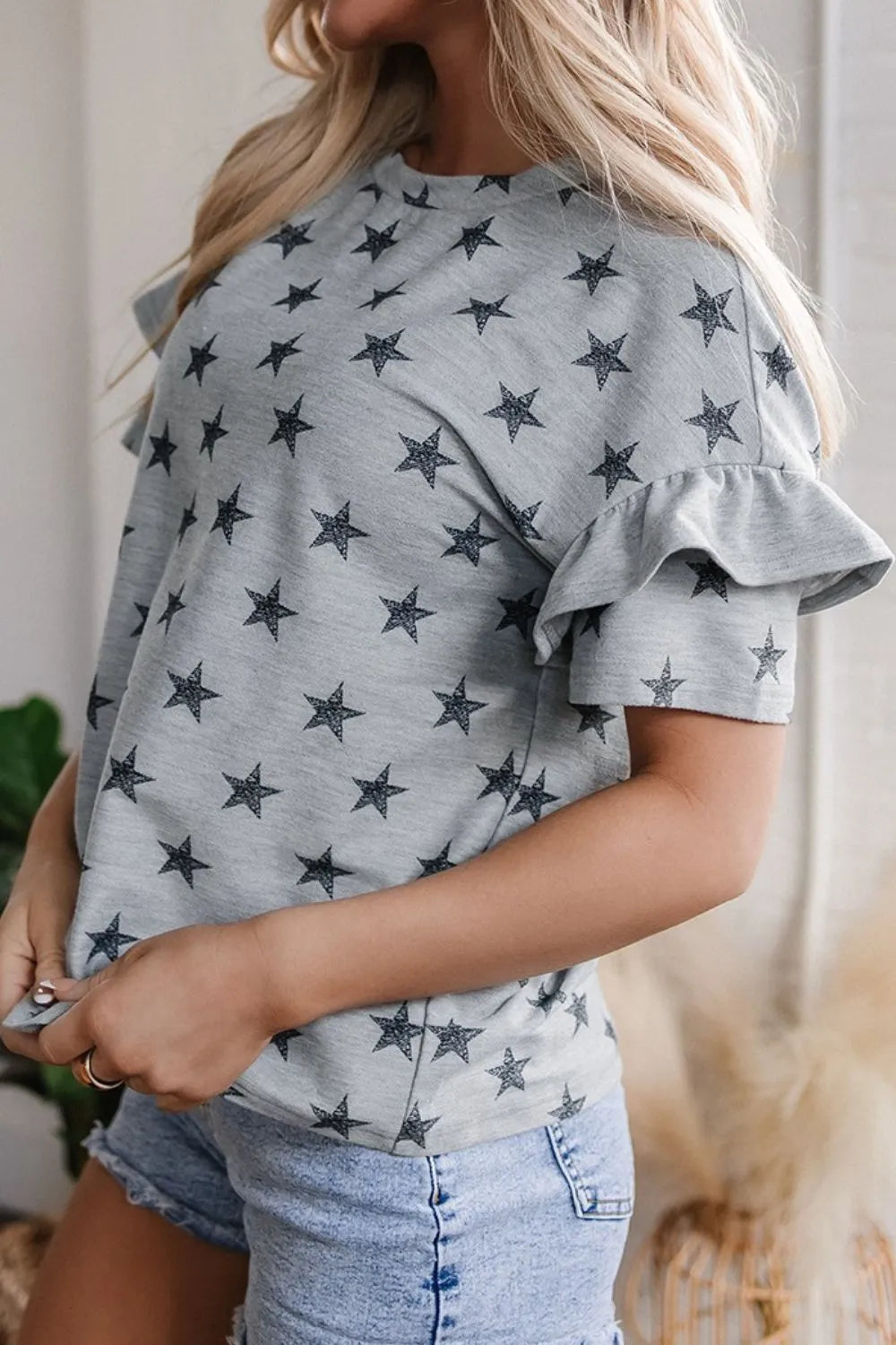 Star Print Tiered Ruffled Sleeve Crew Neck T Shirt – Trendsi | ClozArt