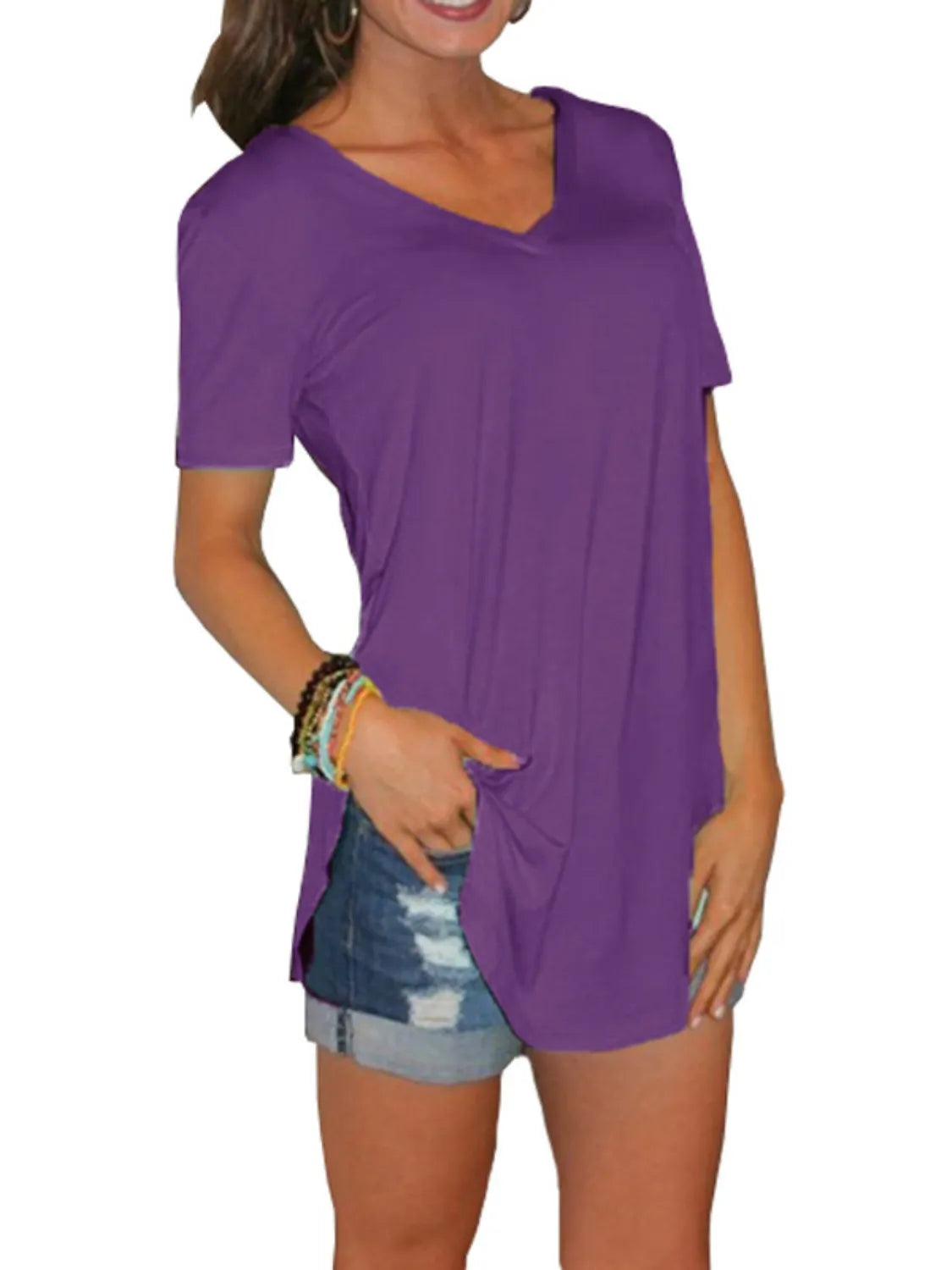 Full Size Solid V-Neck Short Sleeve T-Shirt Plus Size – Trendsi | ClozArt