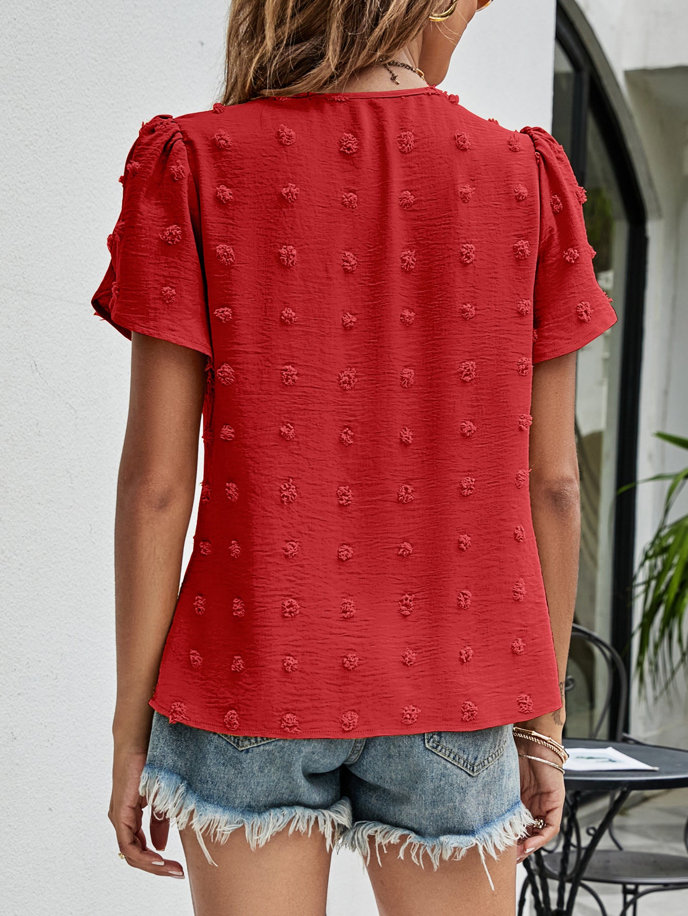Swiss Dot Round Neck Petal Sleeve Top – Trendsi | ClozArt