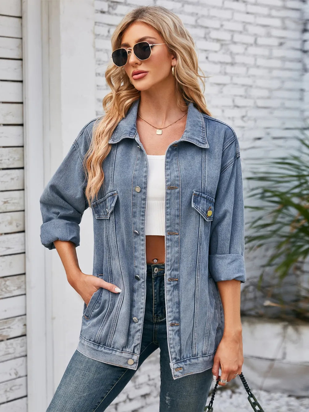 Button Up Long Sleeve Denim Jacket – Trendsi | ClozArt