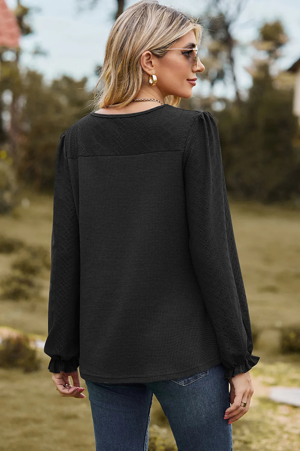 Eyelet Round Neck Flounce Sleeve T-Shirt – Trendsi | ClozArt