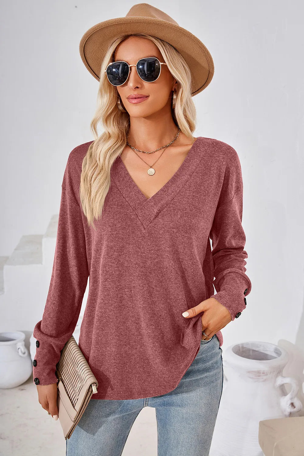 V-Neck Dropped Shoulder T-Shirt – Trendsi | ClozArt