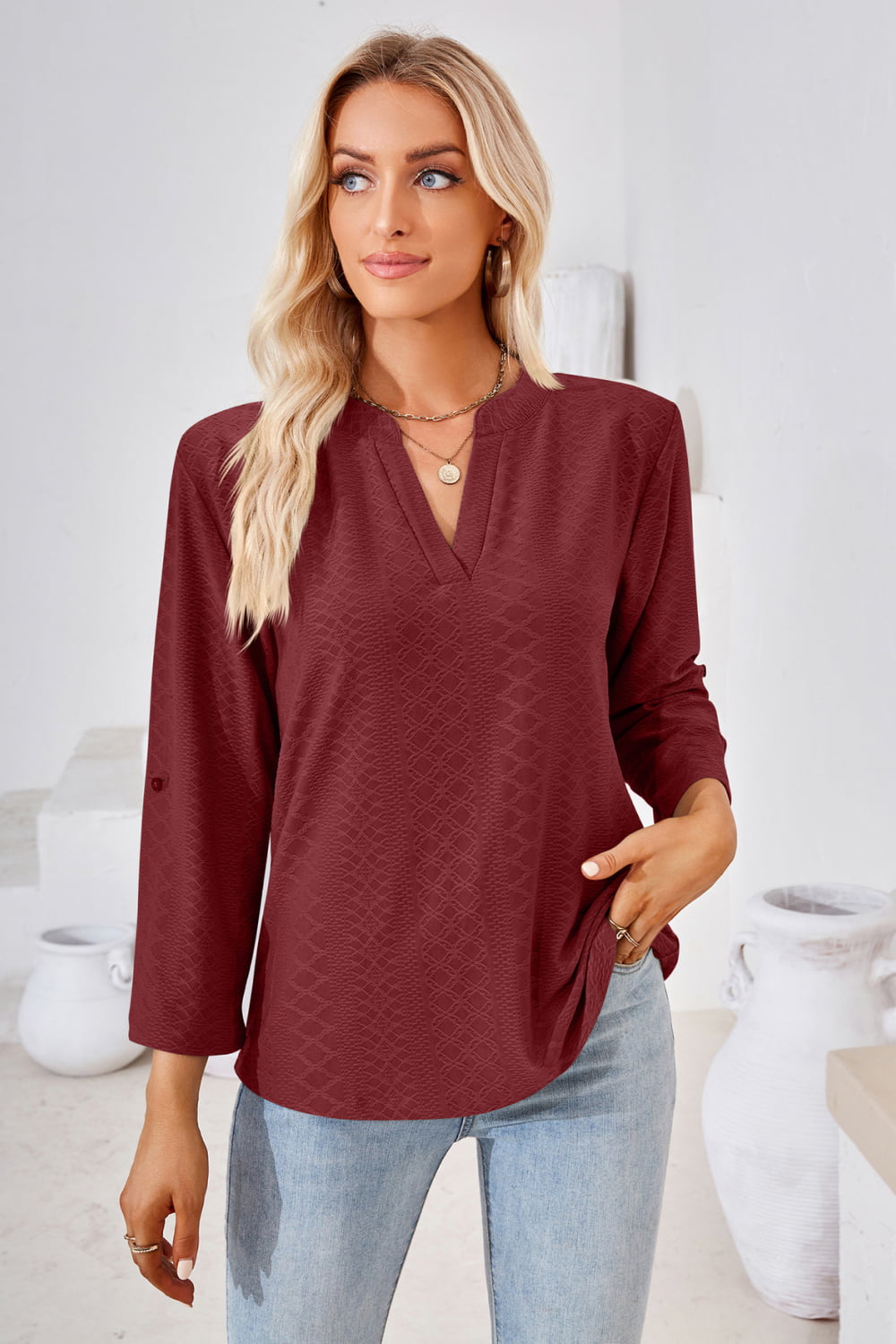 V-Neck Roll-Tap Sleeve Blouse – Trendsi | ClozArt