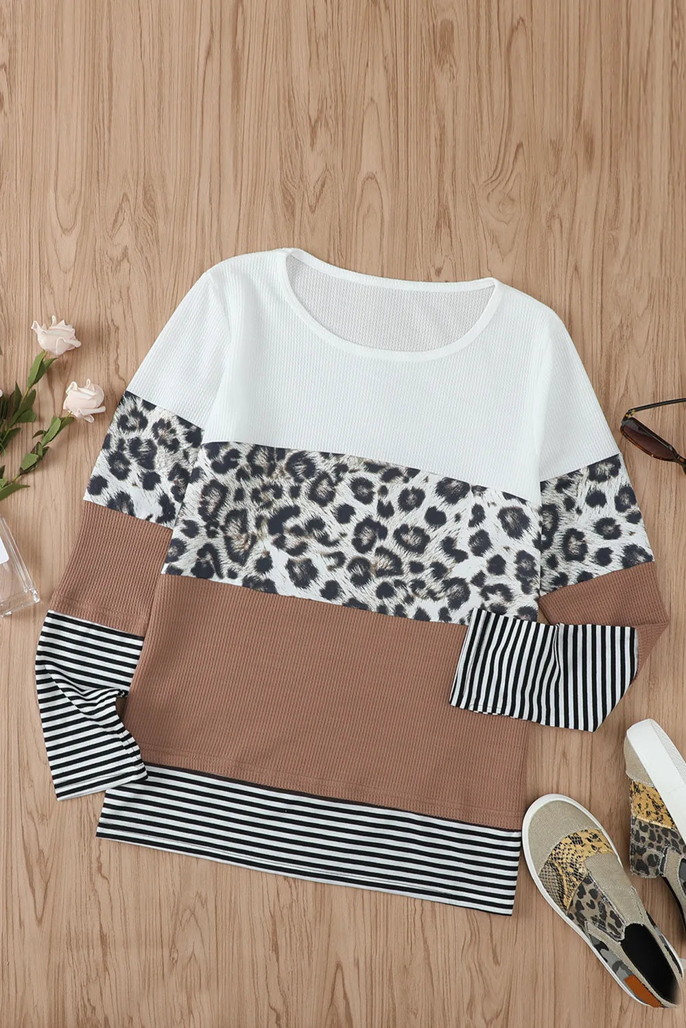 Waffle-Knit Leopard Round Neck Long Sleeve T-Shirt – Trendsi | ClozArt