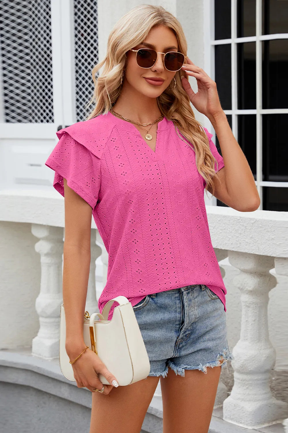 Eyelet Notched Short Sleeve T-Shirt – Trendsi | ClozArt