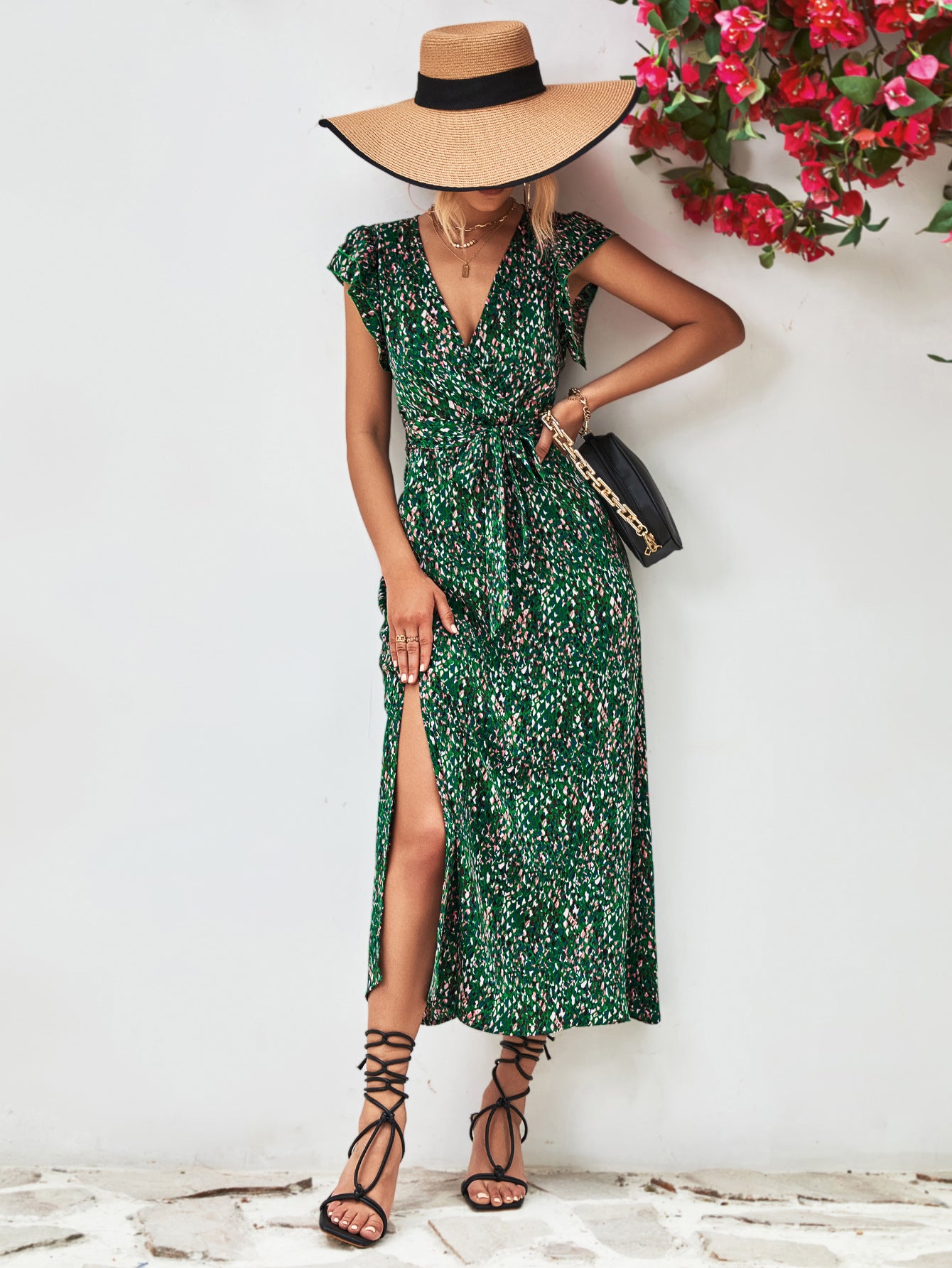 Printed Surplice Neck Flutter Sleeve Slit Dress – Trendsi | ClozArt
