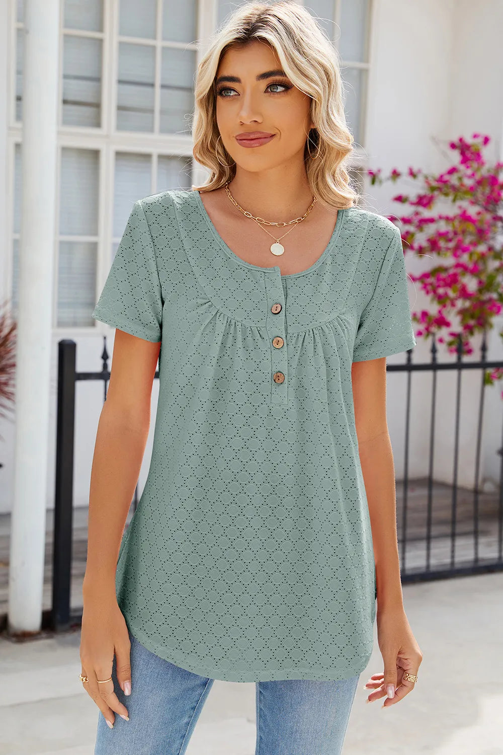 Eyelet Quarter Button Short Sleeve T-Shirt – Trendsi | ClozArt