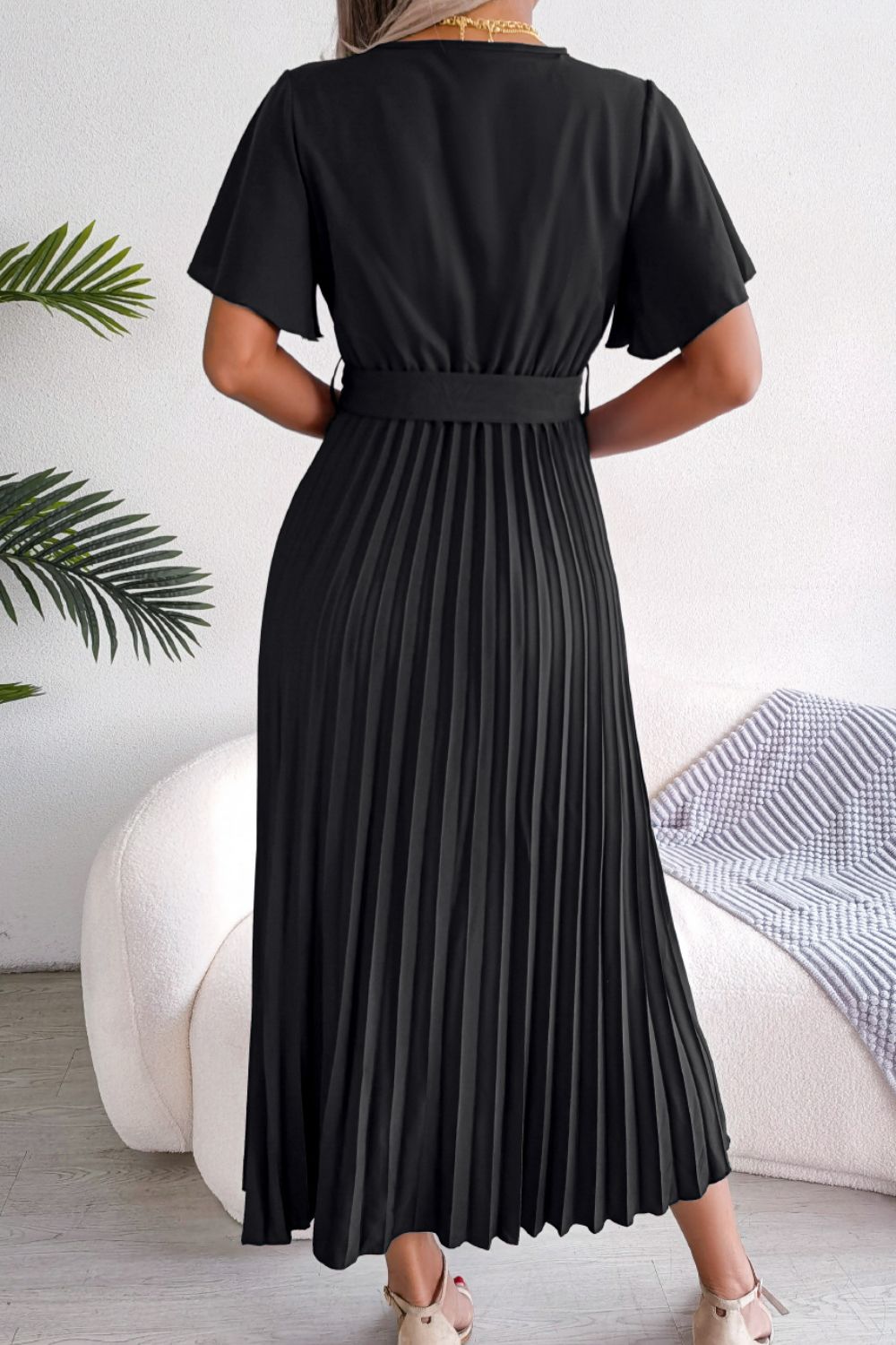 Pleated Flutter Sleeve Belted Dress – Trendsi | ClozArt