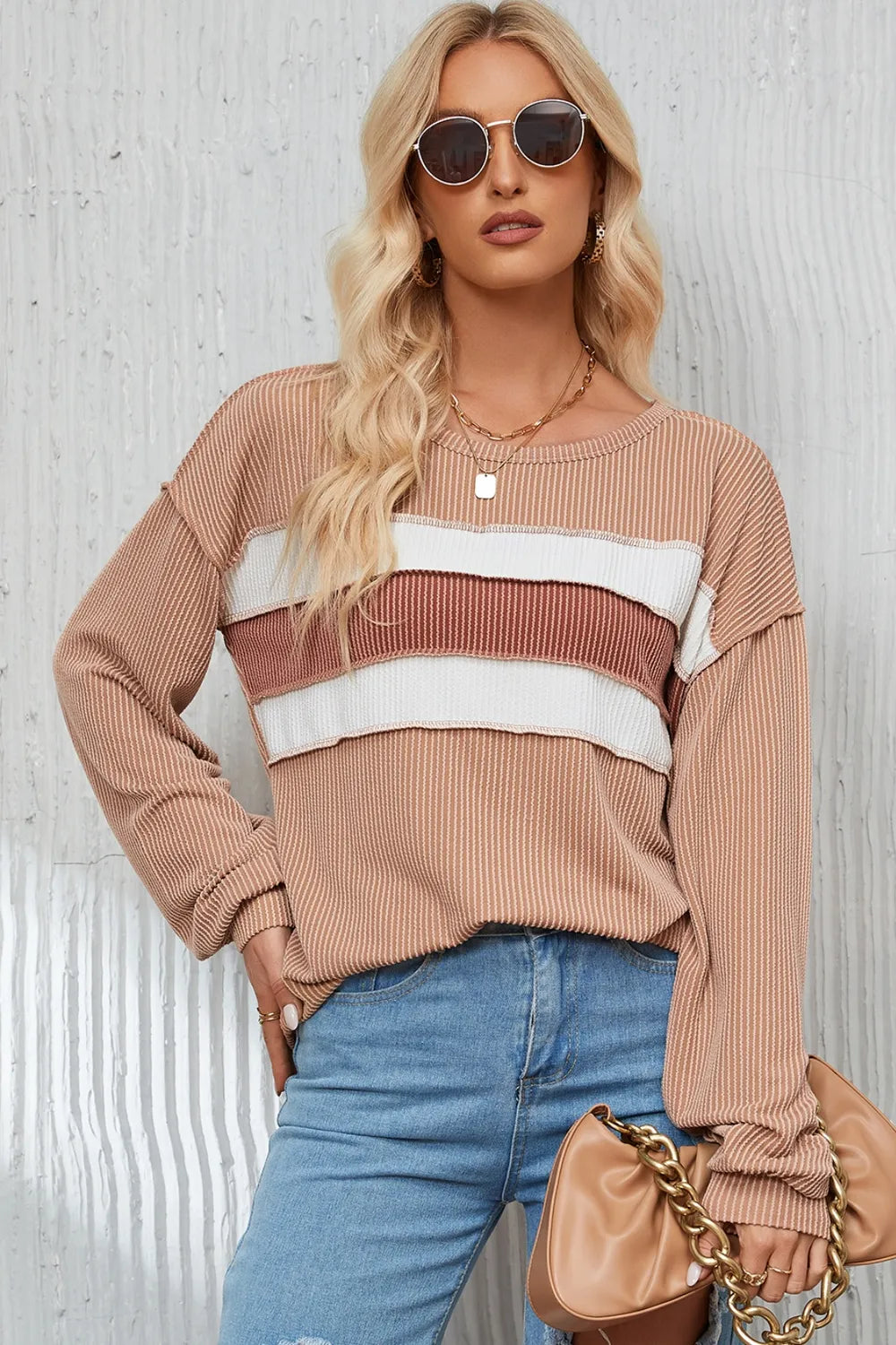 Ribbed Color Block Exposed Seam Round Neck Blouse – Trendsi | ClozArt
