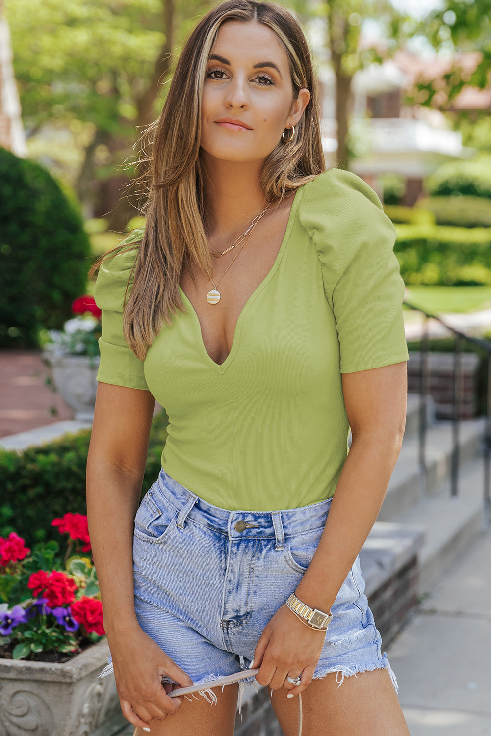 Deep V Puff Sleeve Top – Trendsi | ClozArt