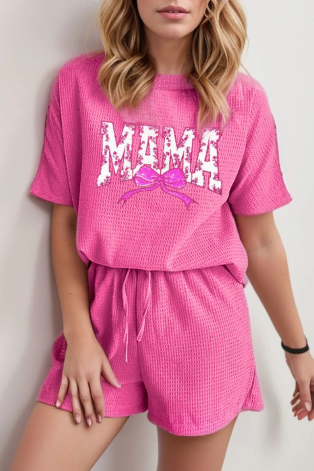 Waffle Sequin Floral MAMA Bow Graphic Top and Shorts Set – Trendsi | ClozArt