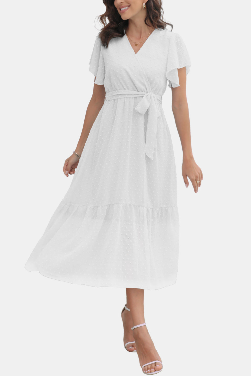 Surplice Neck Flutter Sleeve Tied Dress – Trendsi | ClozArt