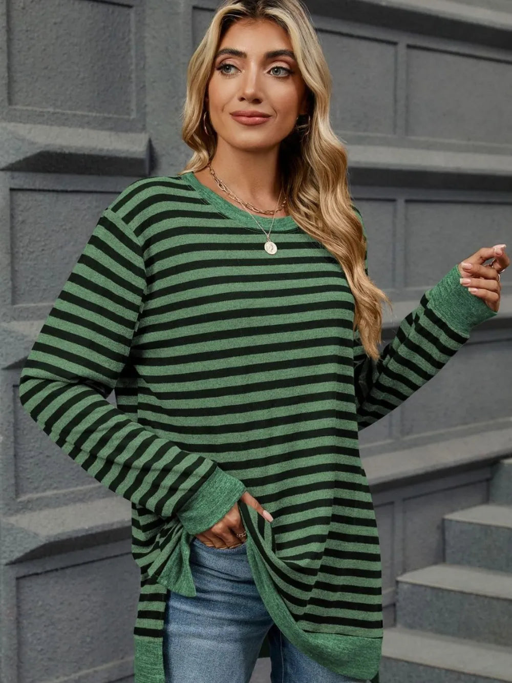 Striped Round Neck Long Sleeve T-Shirt – Trendsi | ClozArt