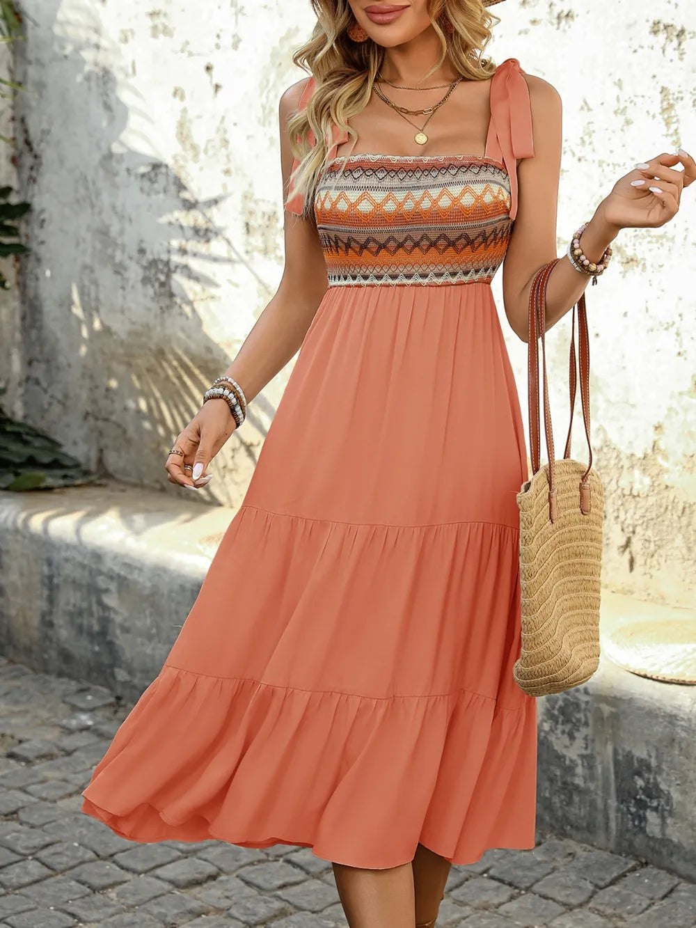 Tie Shoulder Square Neck Tiered Midi Dress – Trendsi | ClozArt