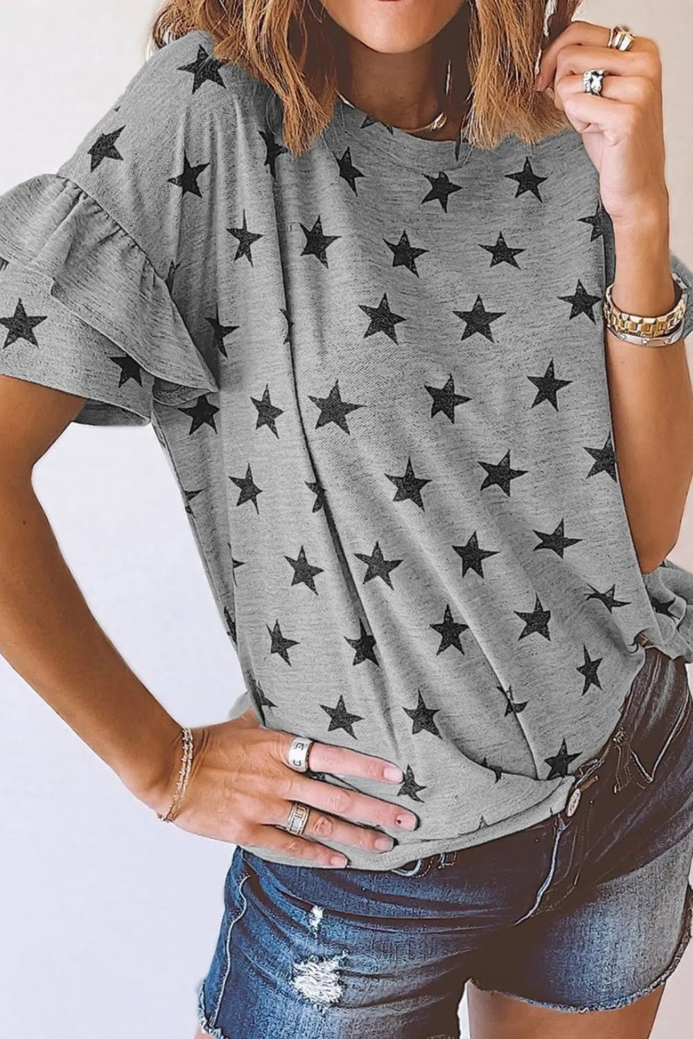 Star Print Tiered Ruffled Sleeve Crew Neck T Shirt – Trendsi | ClozArt
