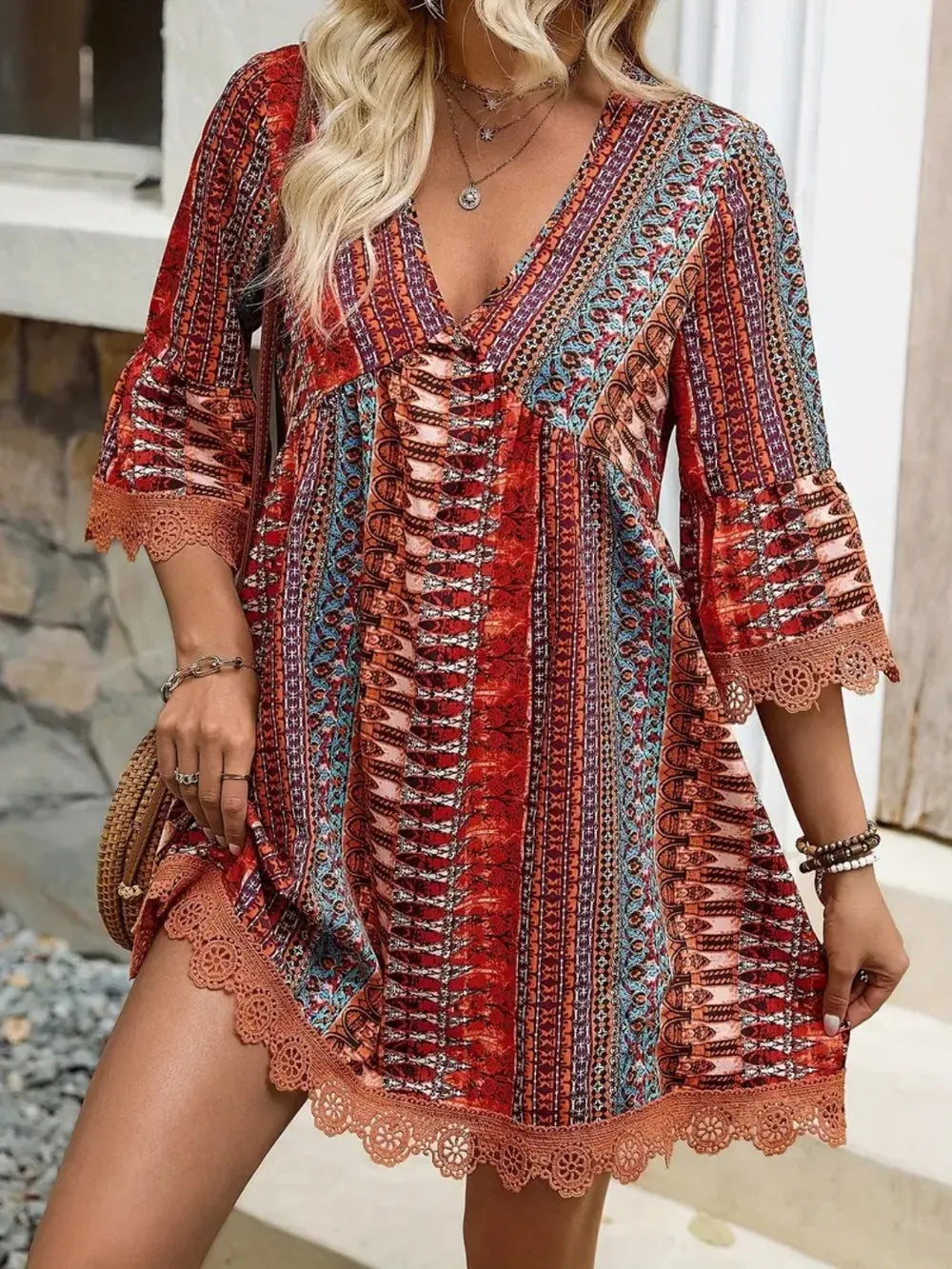 Lace Trim Printed V-Neck 3/4 Sleeve Dress – Trendsi | ClozArt