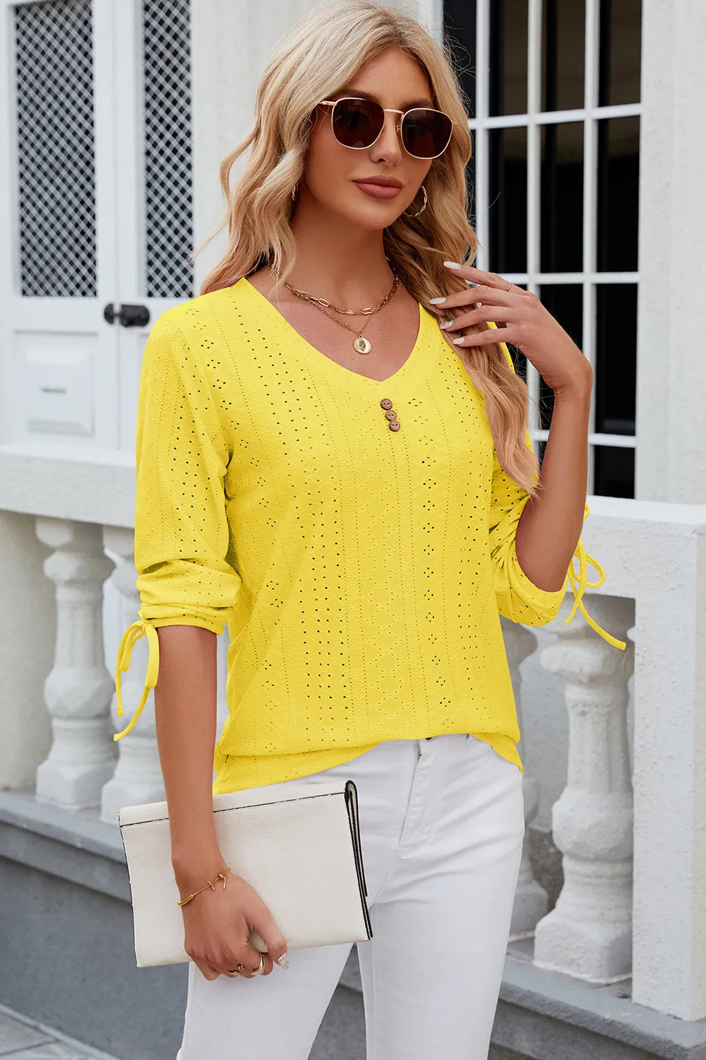 Eyelet Drawstring V-Neck Half Sleeve T-Shirt – Trendsi | ClozArt