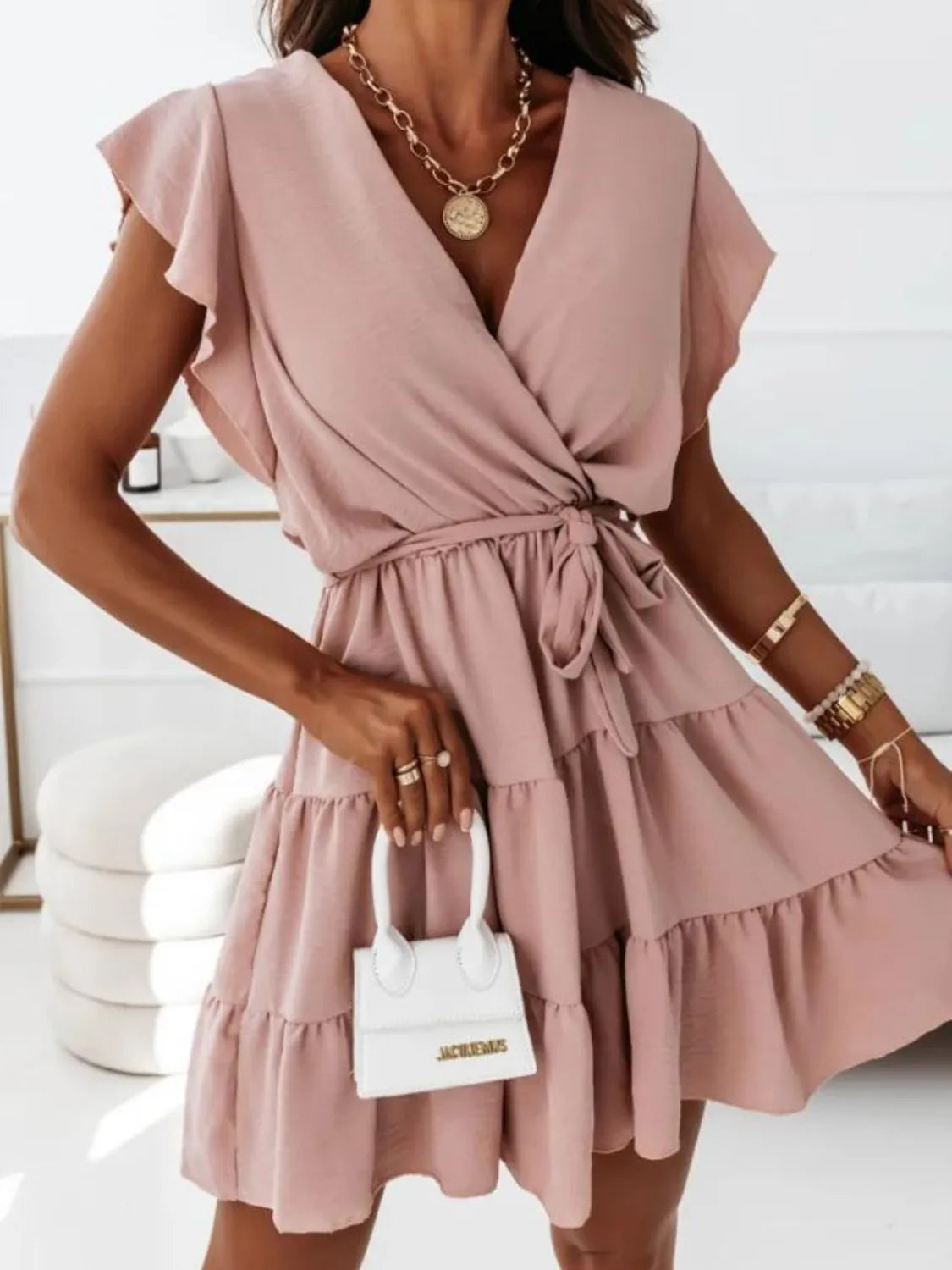 Ruffled Surplice Cap Sleeve Mini Dress – Trendsi | ClozArt