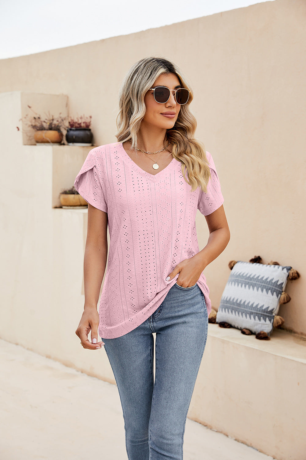 Eyelet Petal Sleeve V-Neck Knit Top – Trendsi | ClozArt