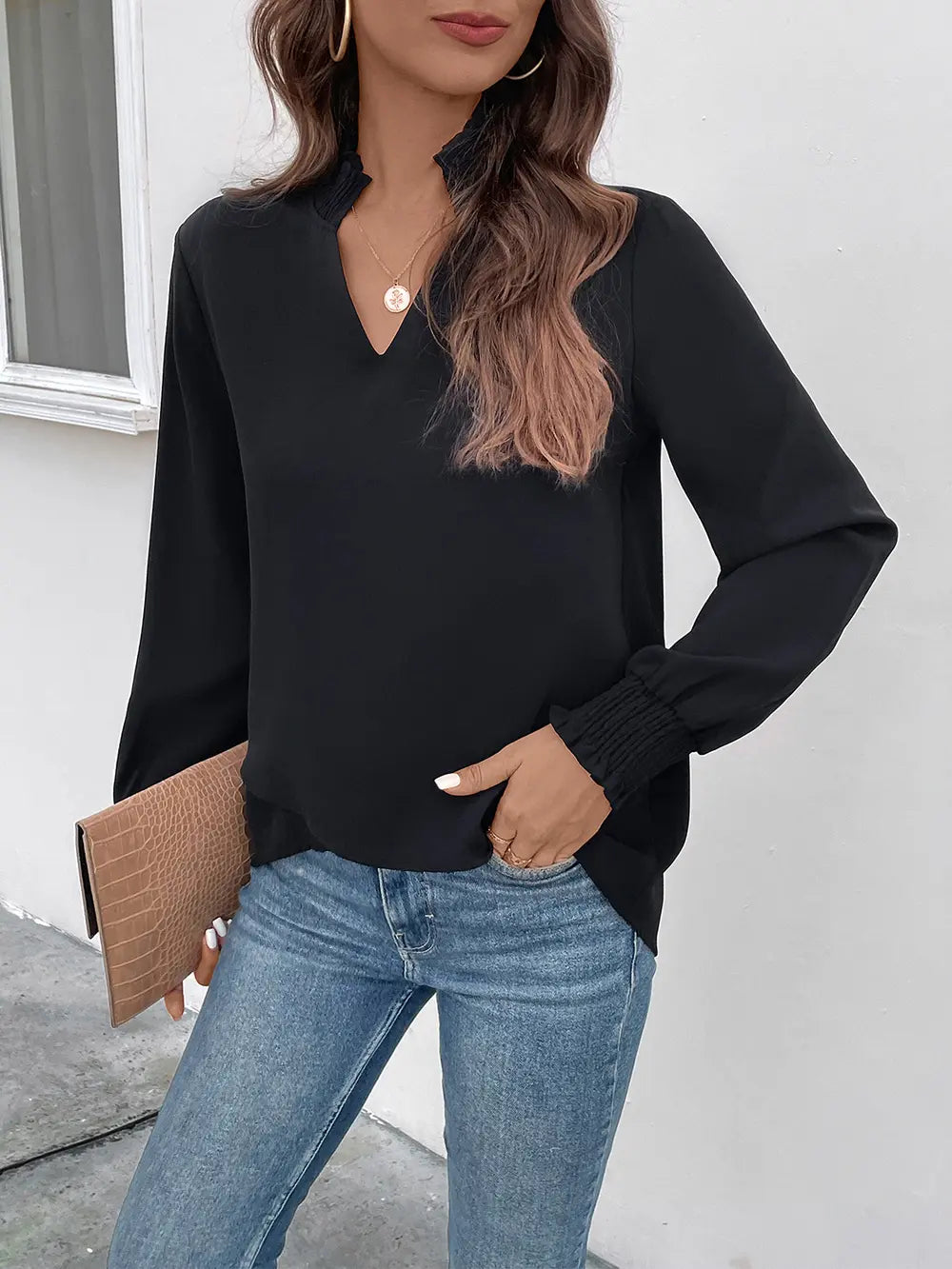 Perfee Smocked Notched Long Sleeve Blouse – Trendsi | ClozArt