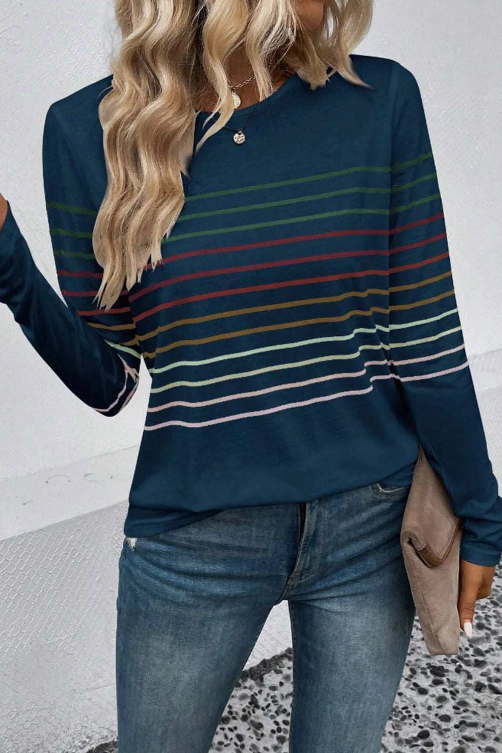 Striped Round Neck Long Sleeve T-Shirt – Trendsi | ClozArt