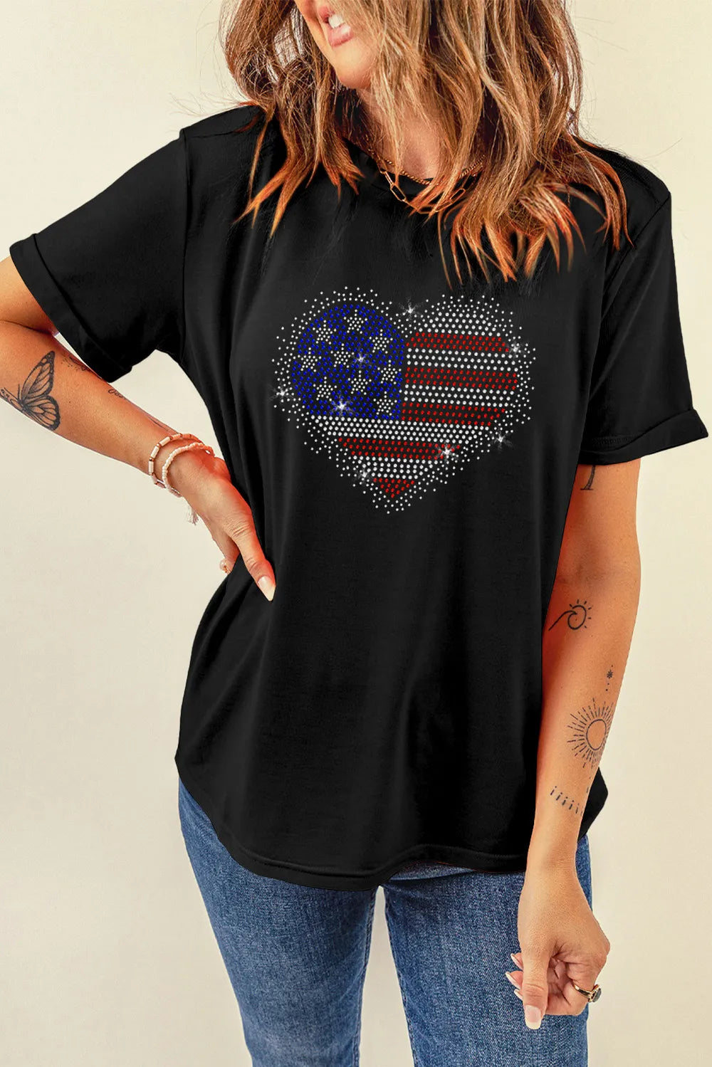 Rhinestone Heart Round Neck Short Sleeve T-Shirt – Trendsi | ClozArt
