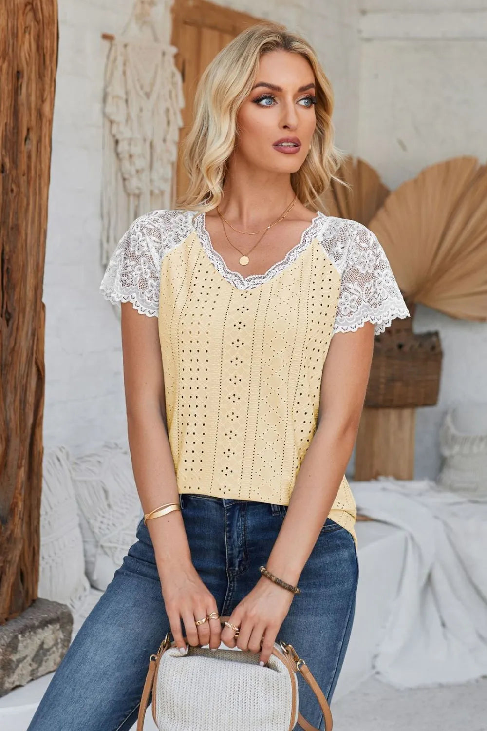 Eyelet V-Neck Lace Short Sleeve T-Shirt – Trendsi | ClozArt