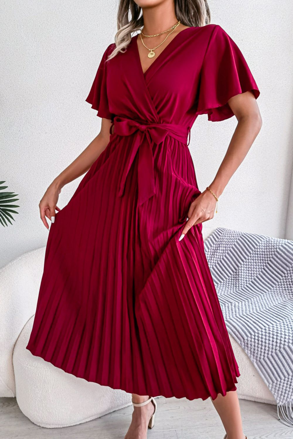 Pleated Flutter Sleeve Belted Dress – Trendsi | ClozArt