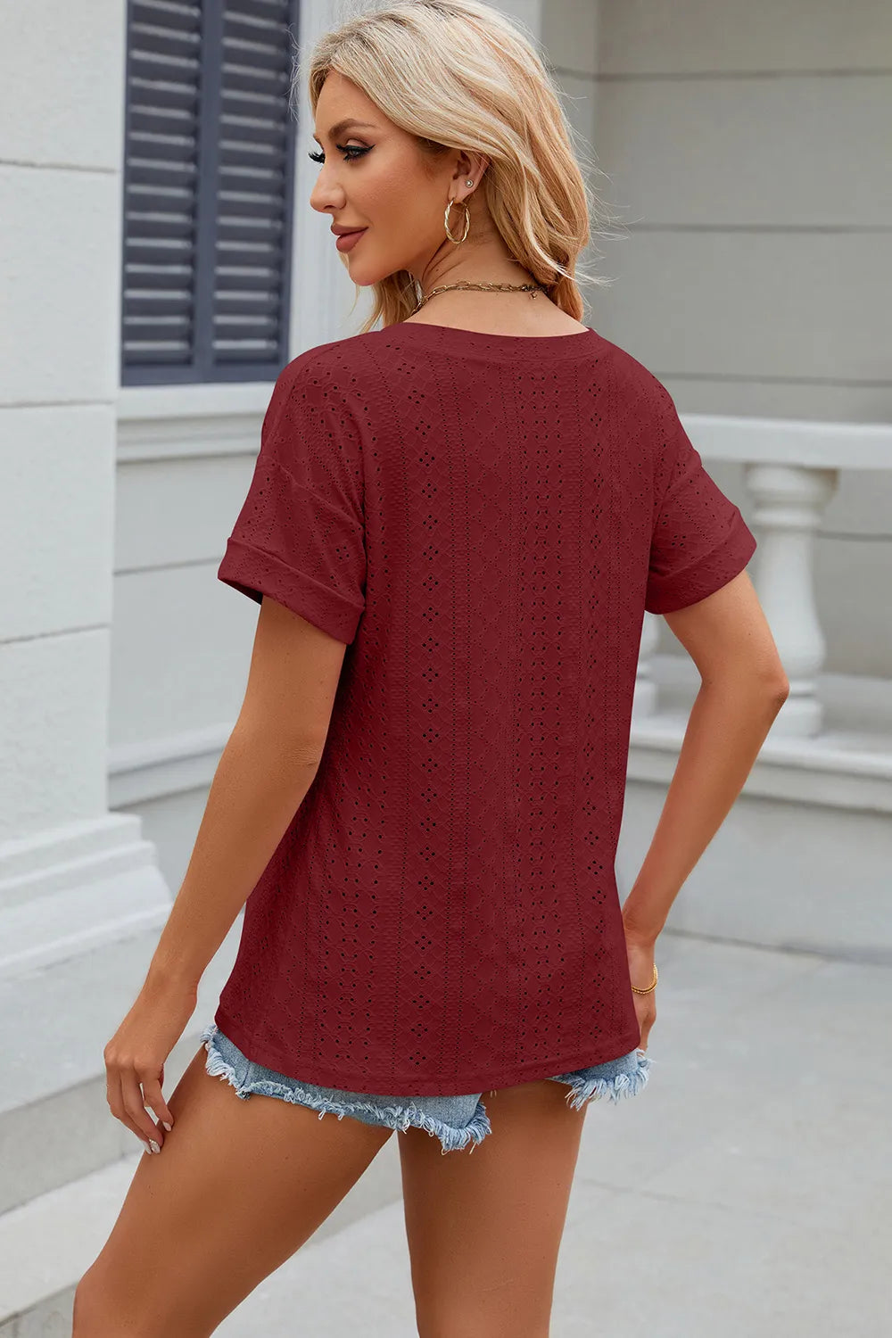 Eyelet V-Neck Short Sleeve T-Shirt – Trendsi | ClozArt