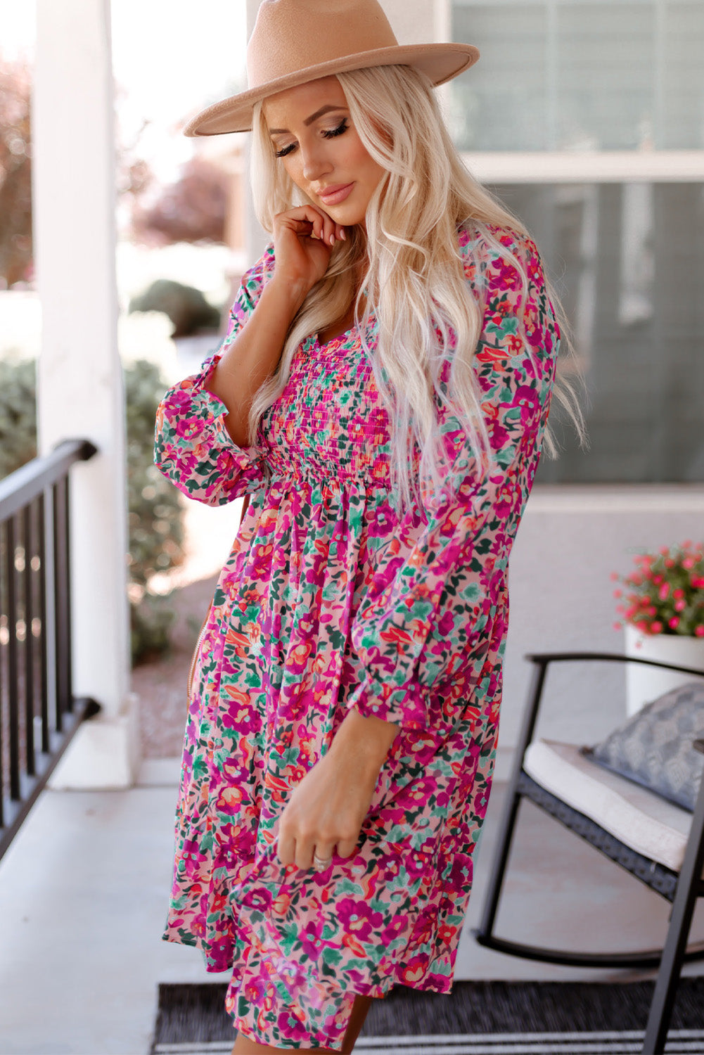 Floral Smocked V-Neck Flounce Sleeve Dress – Trendsi | ClozArt
