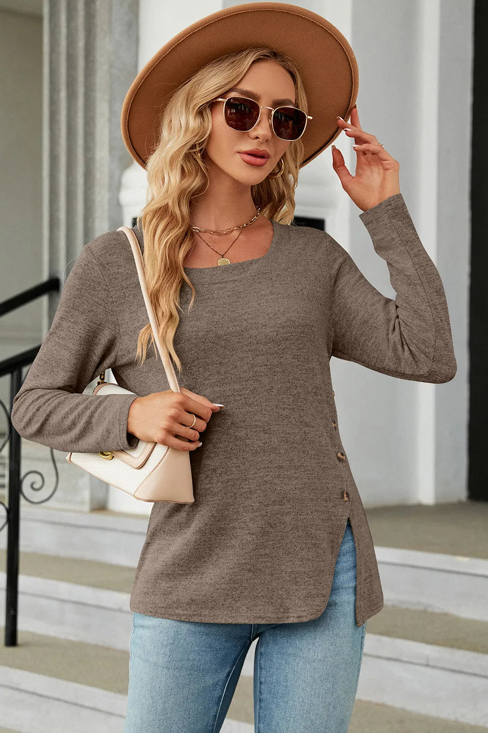 Slit Decorative Button Square Neck T-Shirt – Trendsi | ClozArt