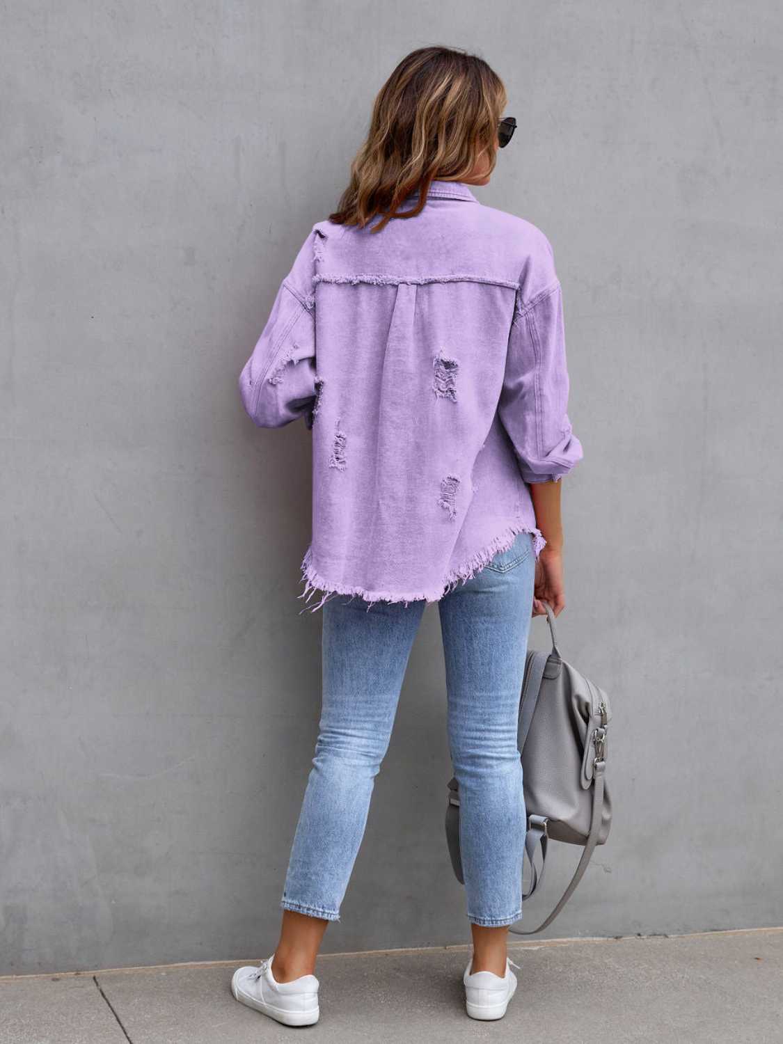 Distressed Drop Shoulder Denim Jacket – Trendsi | ClozArt