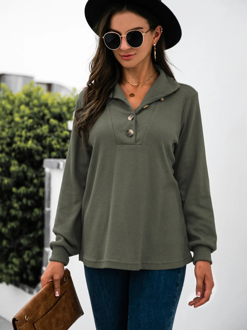 Half Button Long Sleeve T-Shirt – Trendsi | ClozArt