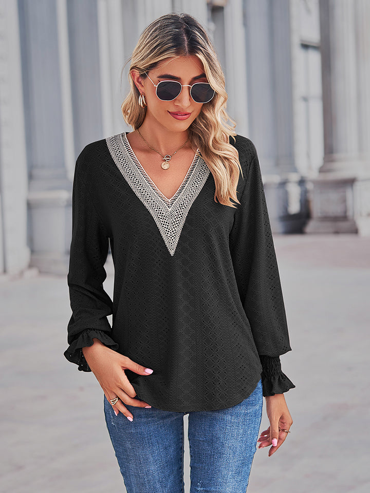 V-Neck Eyelet Flounce Sleeve Blouse – Trendsi | ClozArt