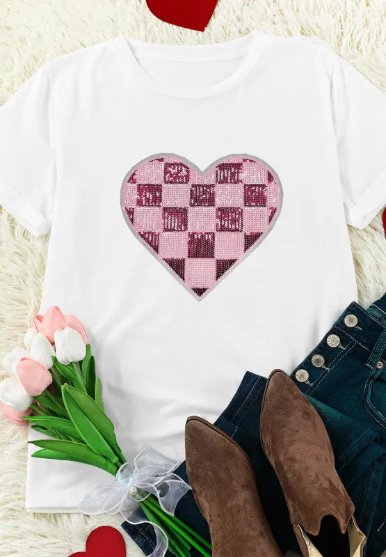 Sequin Checkered Heart Round Neck Short Sleeve T-Shirt – Trendsi | ClozArt