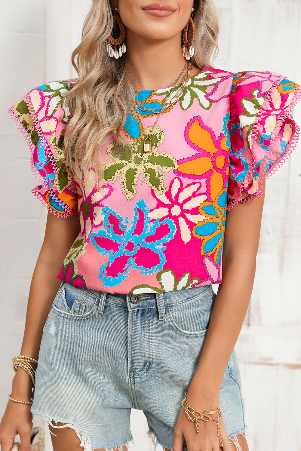 Multicolor Floral Print Boho Top Tiered Ruffle Sleeve Blouse – Shewin | ClozArt