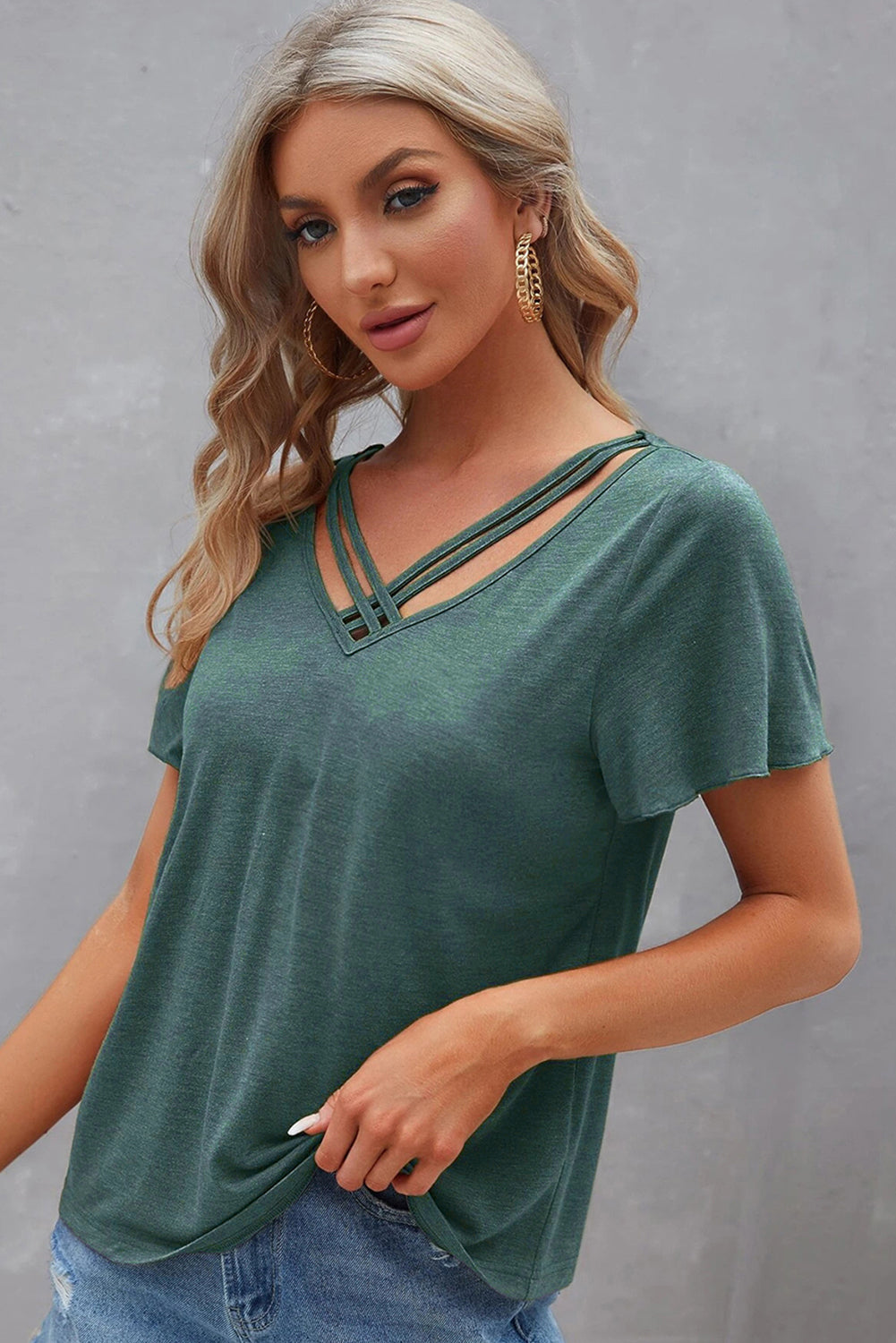 Mist Green Crisscross V Neck Flutter Sleeve T Shirt – Shewin | ClozArt