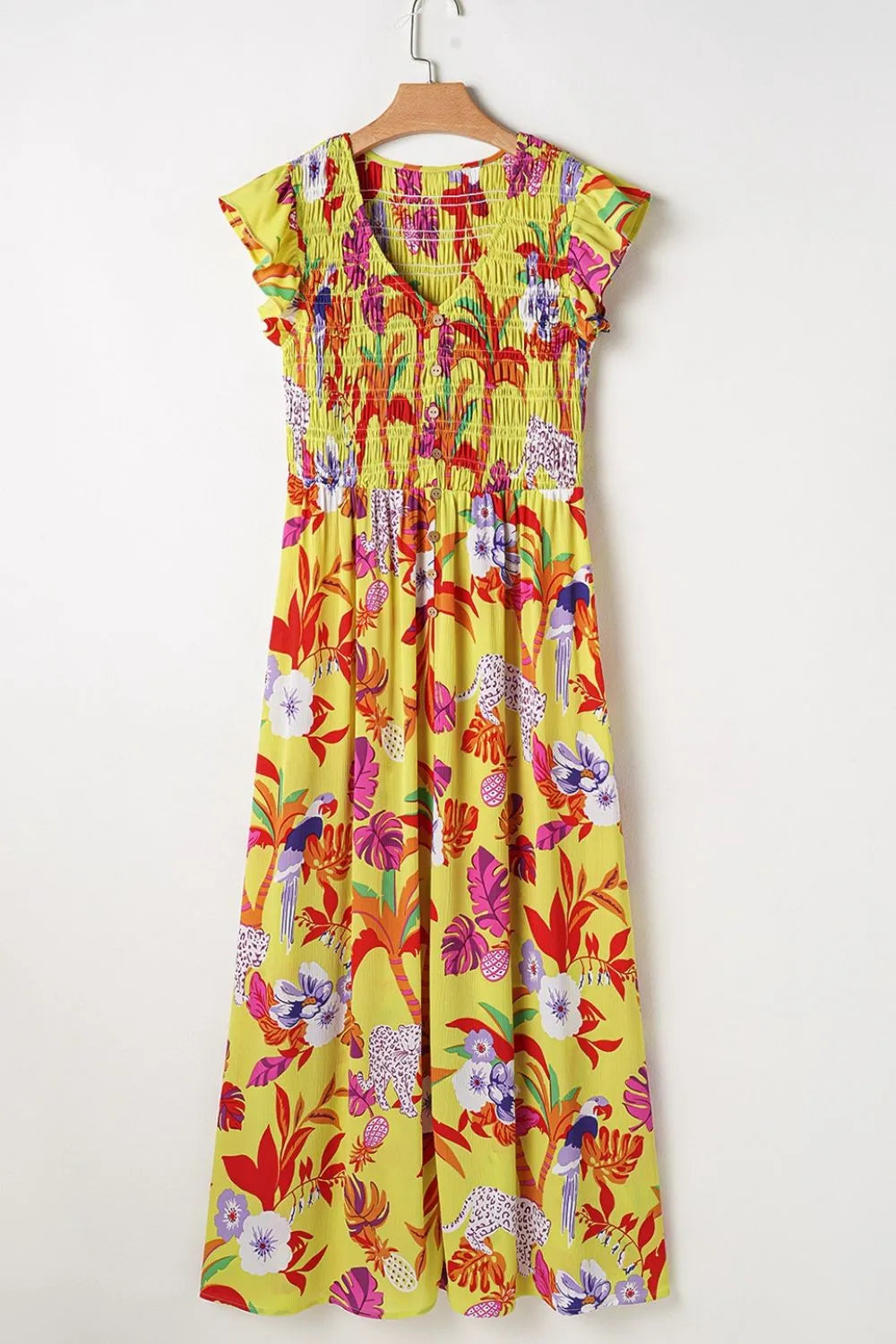 Cheetah Plant Print Shirred Button V Neck Maxi Dress – Trendsi | ClozArt