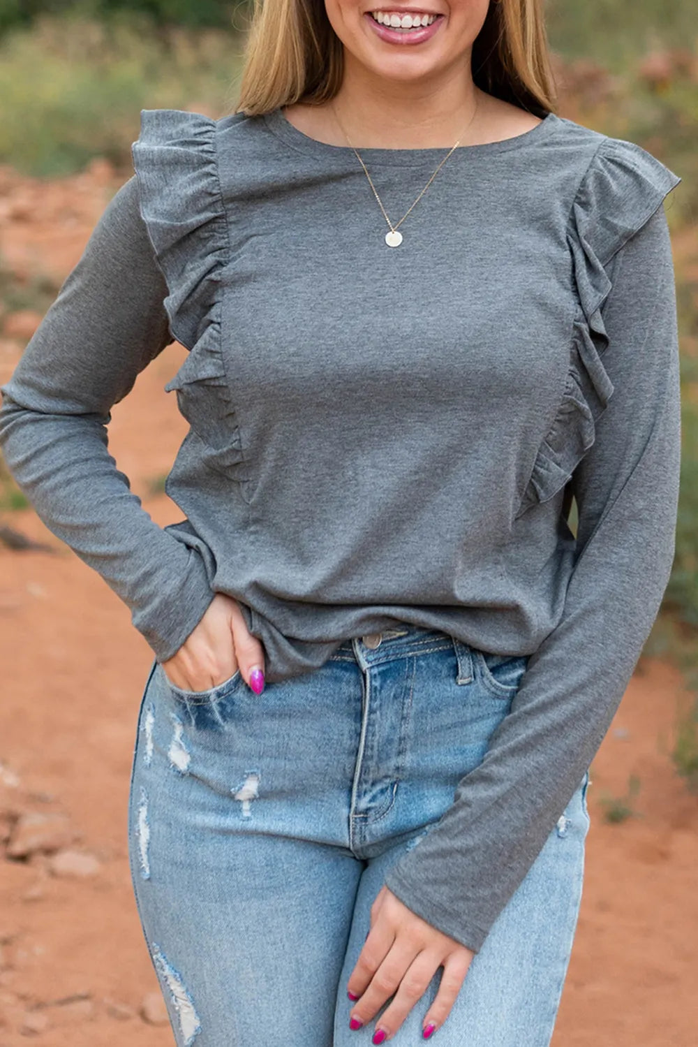 Ruffled Round Neck Long Sleeve T-Shirt – Trendsi | ClozArt