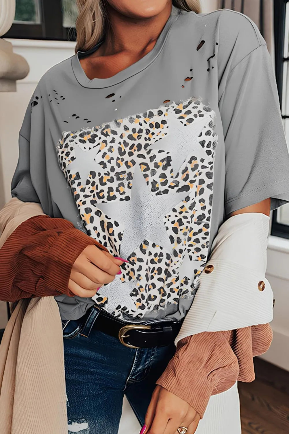Stars Leopard Graphic Distressed T-Shirt – Trendsi | ClozArt