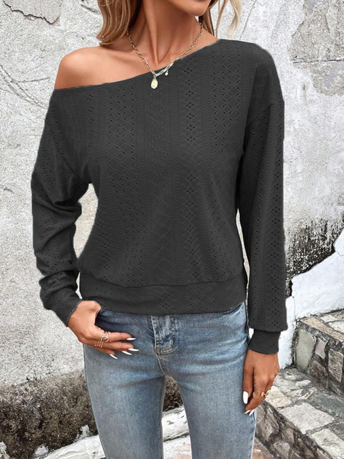 Eyelet Dropped Shoulder Blouse – Trendsi | ClozArt