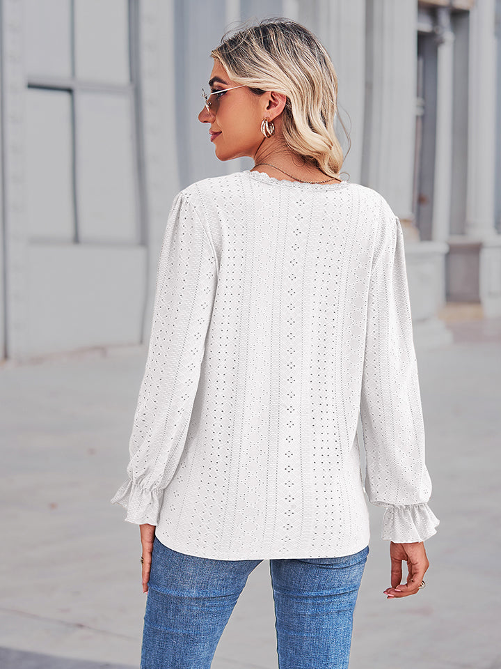 Eyelet V-Neck Flounce Sleeve Blouse – Trendsi | ClozArt
