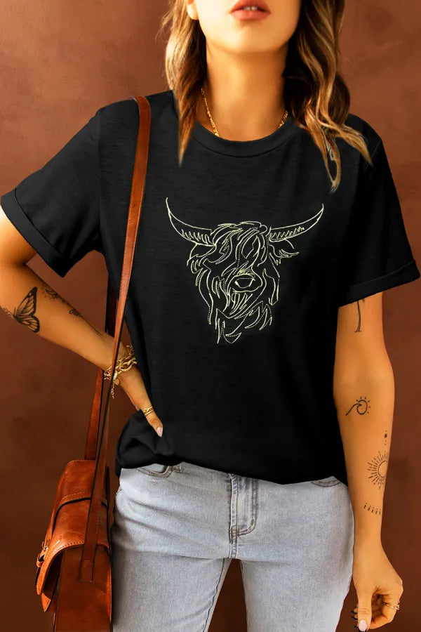 Bull Head Embroidered Round Neck T Shirt – Trendsi | ClozArt