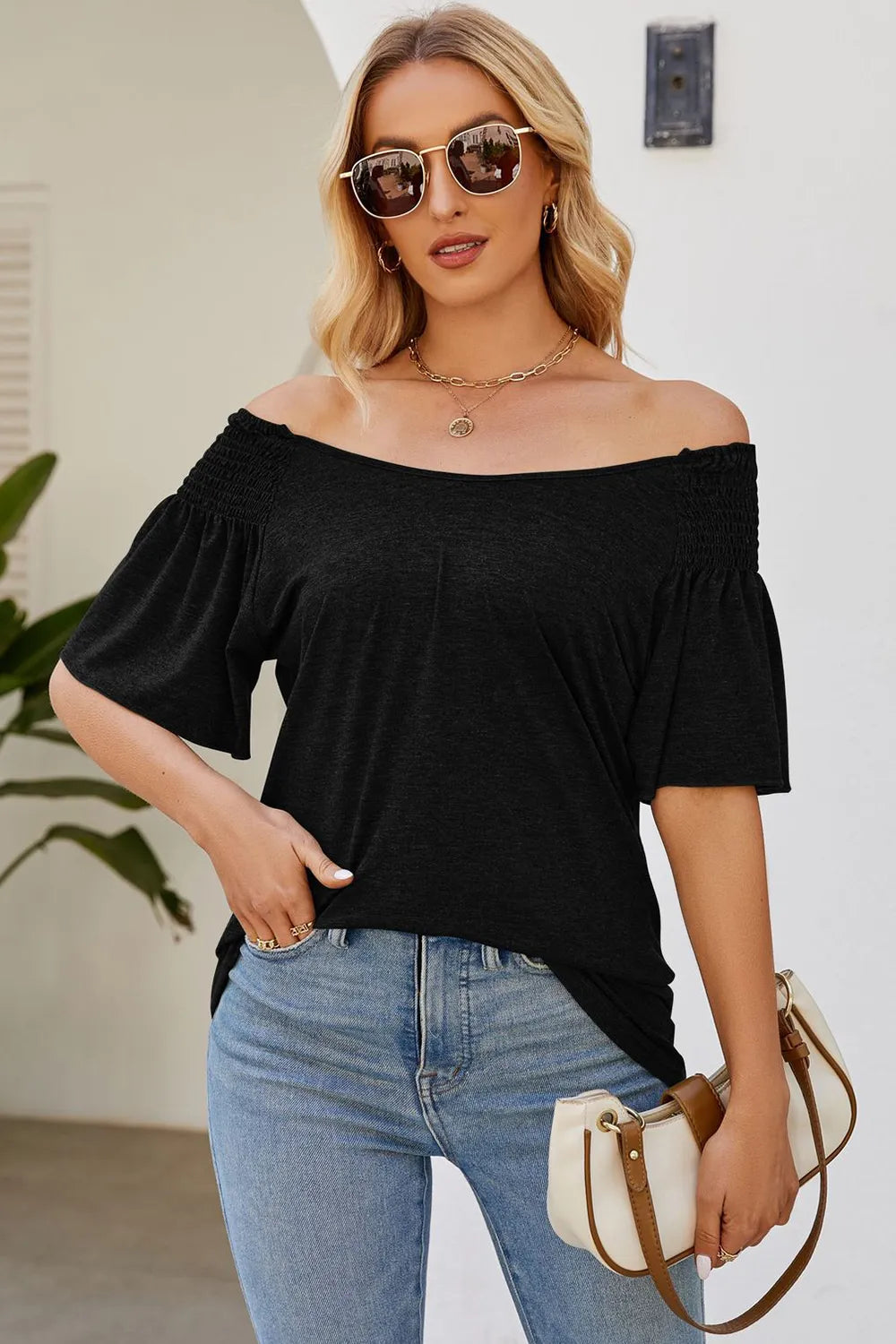 Smocked Round Neck Flutter Sleeve T-Shirt – Trendsi | ClozArt