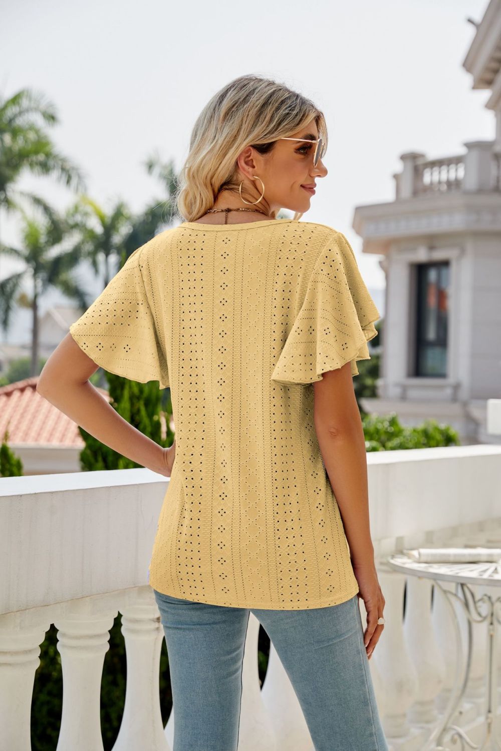 Eyelet Flutter Sleeve Round Neck Top – Trendsi | ClozArt