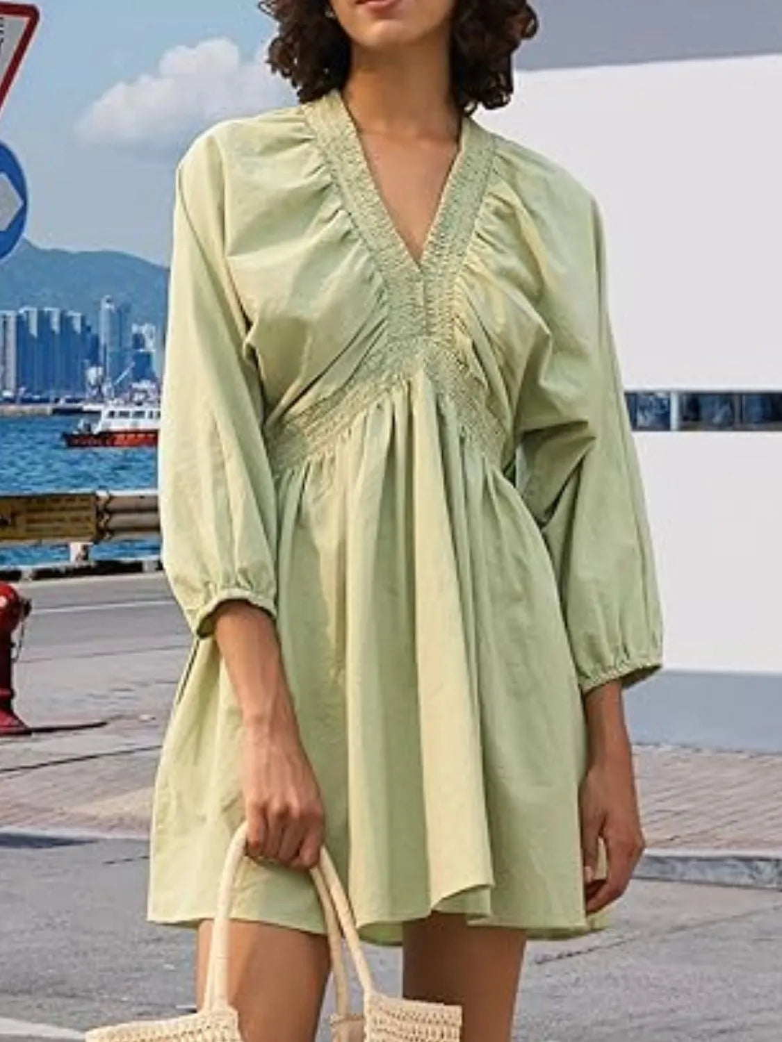 Textured V-Neck Mini Dress – Trendsi | ClozArt